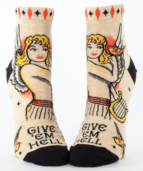 Woman's novelty fun ankle sock with legend: "Give "Em Hell"