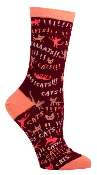 Woman's novelty fun crew sock with legend: "Cats. Cats. Cats"