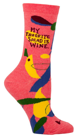 Woman's novelty fun crew sock with legend: "My Favorite Salad Is Wine"