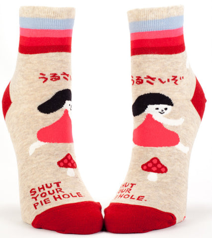 Woman's novelty fun ankle sock with legend: "Shut Your Pie Hole"