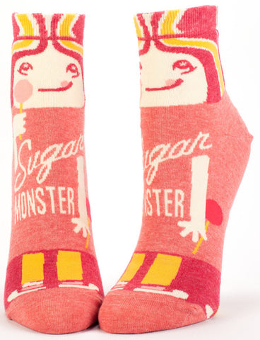 Woman's novelty fun ankle sock with legend: "Sugar Monster"