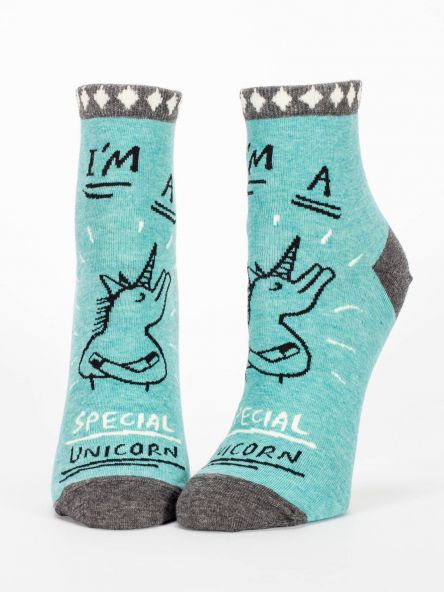 Woman's novelty fun ankle sock with legend: "I'm A Special Unicorn"