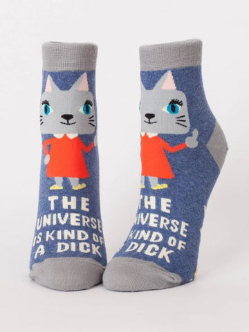 Woman's novelty fun ankle sock with legend: "The Universe Is Kind of a Dick"