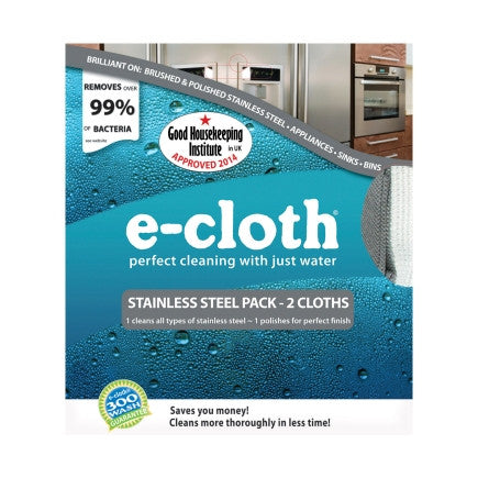 E-cloth Stainless Steel Cleaning pack with two microfiber cloths: one for cleaning and the other for polishing, just using water, no chemicals.